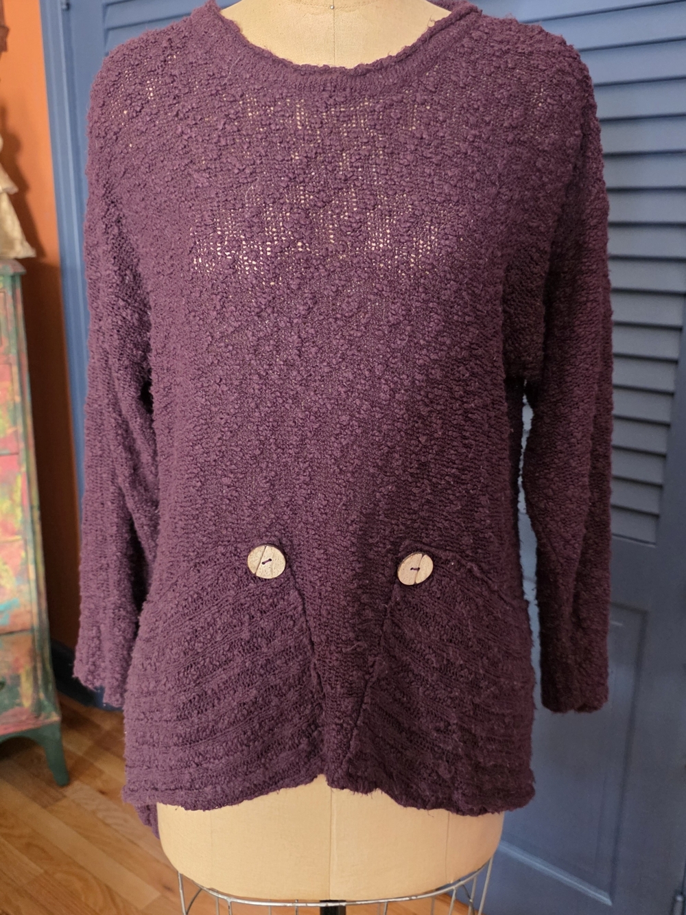 Kaktus Plum Textured Scoop Neck Sweater with Front Pockets